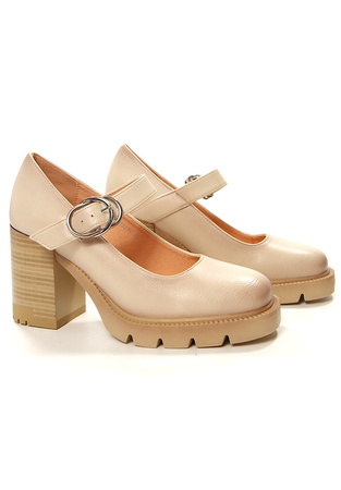 Damskie beżowe półbuty z paskiem wysoki słupek Potocki