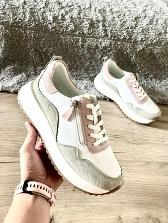 Damskie biało zielone sneakersy obuwie sportowe ze skóry naturalnej na wyższej platformie