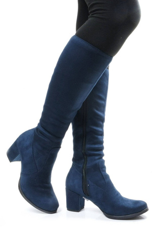 DAMSKIE GRANATOWE ZAMSZOWE KOZAKI NA KLOCKU