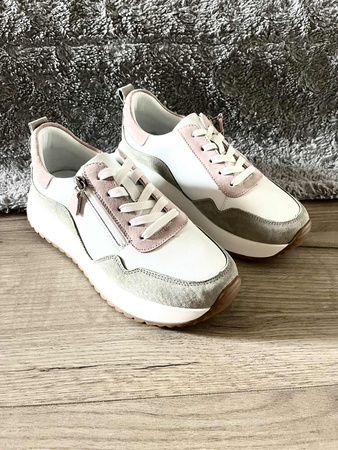 Damskie biało zielone sneakersy obuwie sportowe ze skóry naturalnej na wyższej platformie