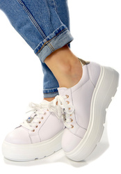 Damskie białe skórzane obuwie sportowe półbuty na wysokiej platformie