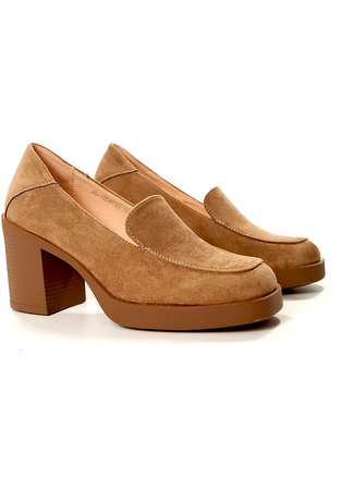 Damskie beżowe khaki zamsz półbuty wysoki słupek Potocki