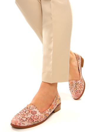 Damskie różowe pudrowe kwiaty półbuty czółenka ażurowe na klocku Potocki