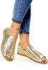Damskie złote zabudowane ażurowe sandały z zamkiem