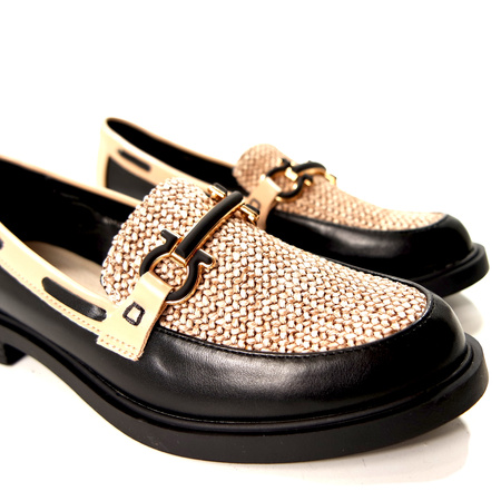 Damskie czarno-beżowe półbuty mokasyny niski klocek