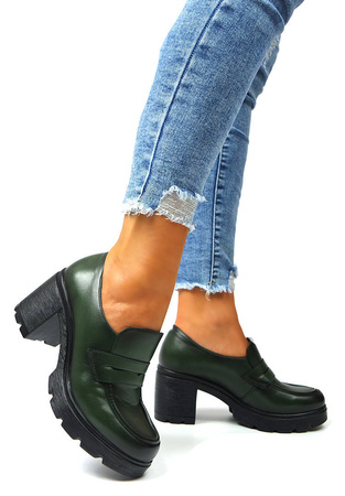 Damskie ciemnozielone półbuty słupek Potocki