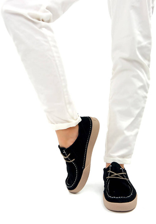 Damskie czarne wiązane półbuty mokasyny ze skóry naturalnej