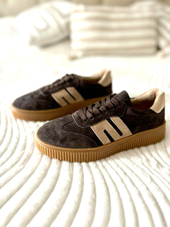 Damskie czekoladowe brązowe lekkie skórzane obuwie sportowe półbuty