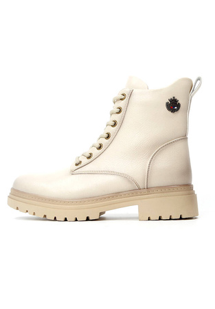 Damskie beżowe botki niski klocek zapinane Potocki