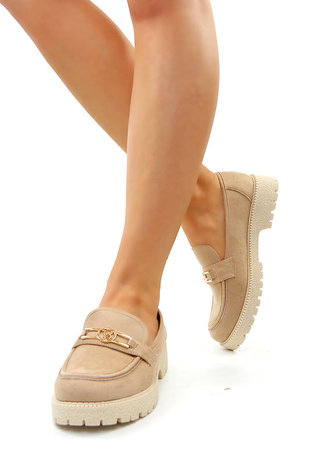 Damskie beżowe zamszowe półbuty na klocku Potocki