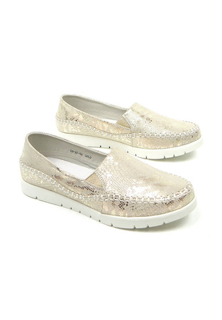 Damskie beżowe złote mokasyny półbuty skóra naturalna