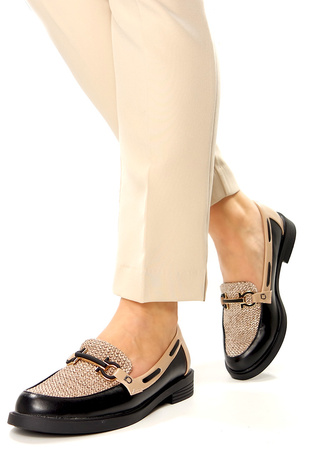 Damskie czarno-beżowe półbuty mokasyny niski klocek