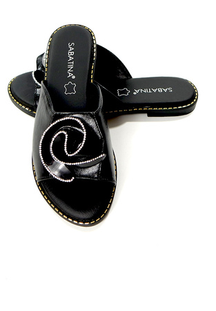 Damskie czarne klapki płaskie z różą Sabatina