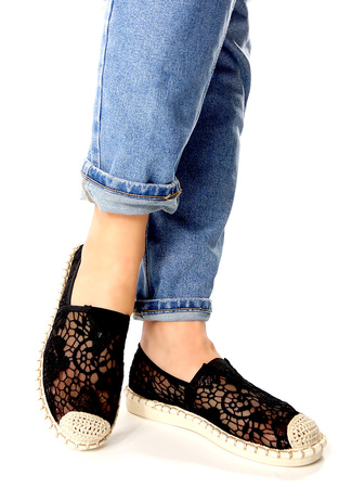 Damskie czarne ażurowe koronkowe espadryle Potocki