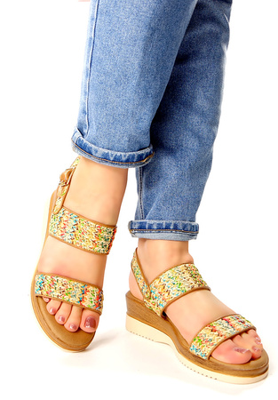 Damskie beżowe mozaika kolorowe materiałowe sandały na koturnie Potocki