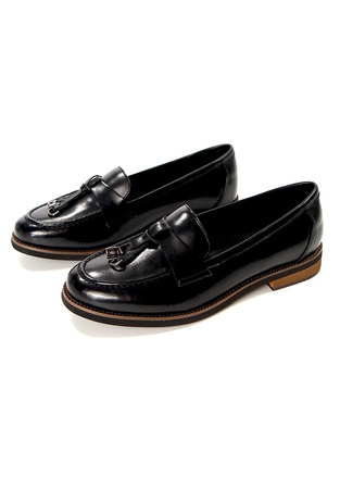 Damskie czarne mokasyny półbuty na klocku z frędzlami Potocki