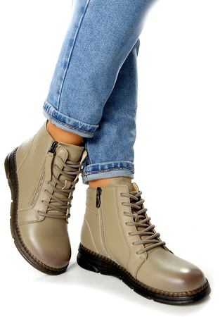 Damskie beżowe camel krótkie botki ze skóry naturalnej