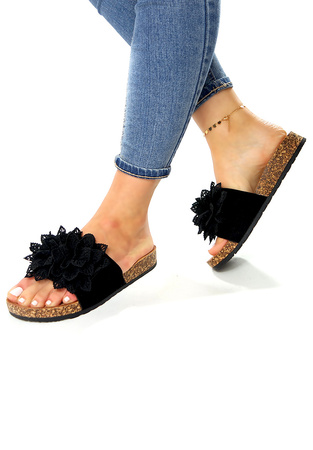 Damskie czarne klapki kwiaty Potocki