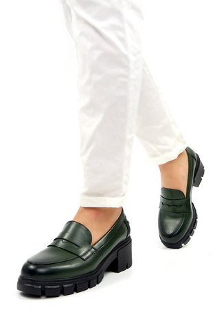 Damskie zielone szmaragdowe półbuty na klocku Potocki