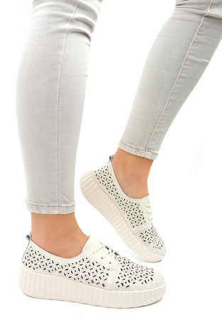 Damskie beżowe ażurowe obuwie sportowe ze skóry naturalnej