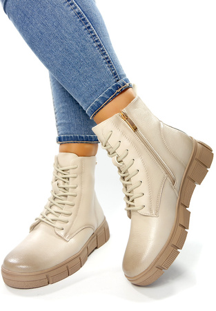 Damskie beżowe botki trapery na koturnie Potocki