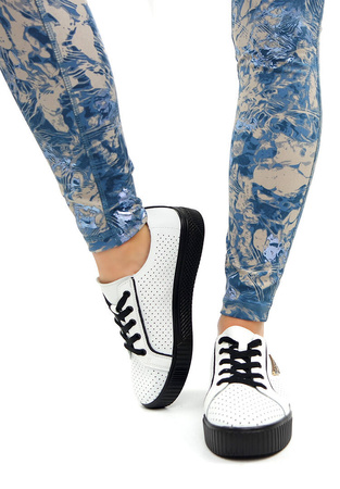 Damskie białe skórzane obuwie wiązane skóra