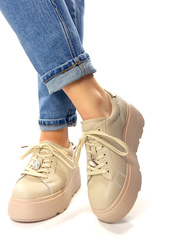 Damskie beżowe skórzane obuwie sportowe półbuty na wysokiej platformie