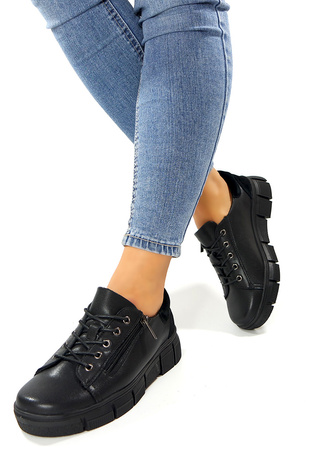 Damskie czarne sznurowane i zapinane półbuty ze skóry naturalnej