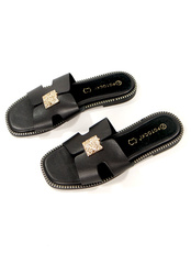 Damskie płaskie czarne klapki wkładka skórzana Potocki