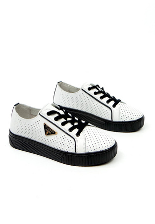 Damskie białe skórzane obuwie wiązane skóra