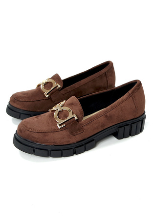 Damskie zamszowe czekoladowy brąz półbuty ze sprzączką