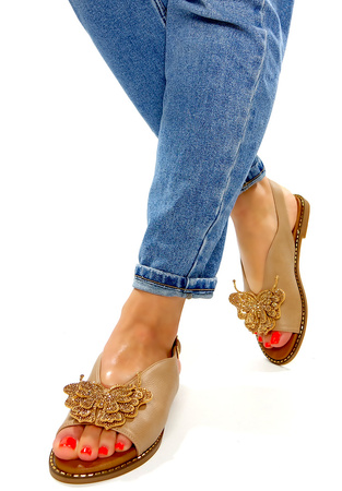 Damskie taupe beż płaskie sandały z motylem wkładka skórzana