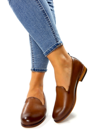 Damskie brązowe gładkie półbuty baleriny na niskim klocku  Potocki