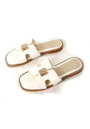 Damskie płaskie białe klapki wkładka skórzana Potocki