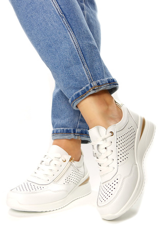 Damskie białe buty sportowe sneakersy skórzane koturn