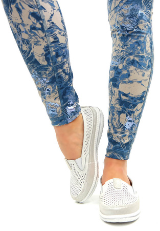 Damskie białe srebrne mokasyny półbuty skóra naturalna