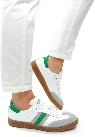 Damskie białe zielone skórzane obuwie sportowe płaskie
