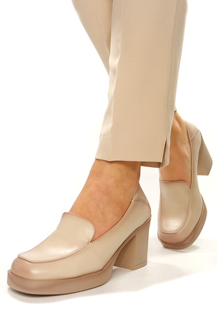Damskie beżowe półbuty wysoki słupek Potocki