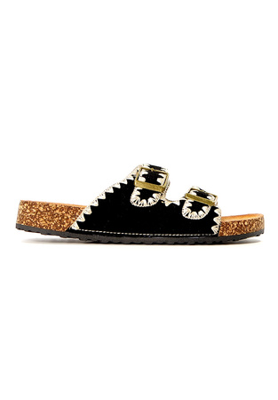 Damskie czarne klapki z paskami na korku Potocki