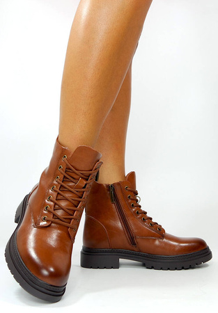 Damskie brązowe botki niski klocek zapinane Potocki