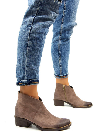 Damskie brązowe taupe niskie botki zamsz