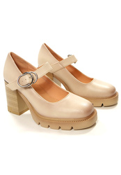 Damskie beżowe półbuty z paskiem wysoki słupek Potocki