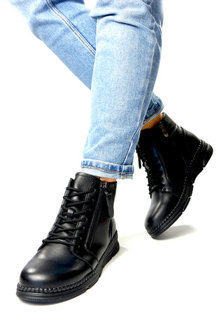 Damskie czarne krótkie botki ze skóry naturalnej