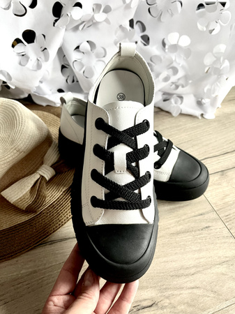 Damskie biało czarne trampki ze skóry naturalnej