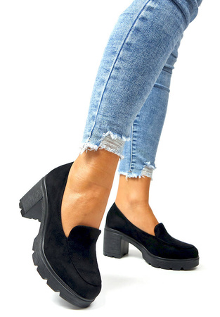 Damskie czarne zamszowe gładkie półbuty słupek Potocki