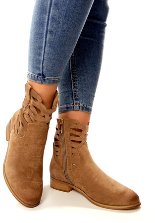 Damskie brązowe krótkie botki z ażurową cholewką Potocki