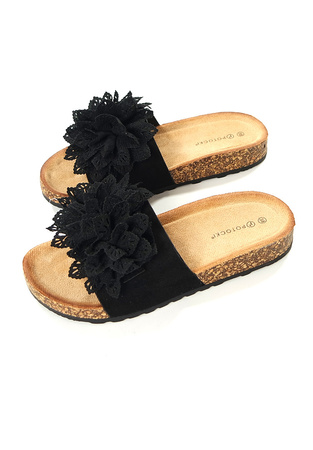 Damskie czarne klapki kwiaty Potocki