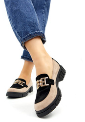 Damskie czarno beżowe półbuty klocek