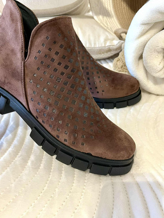 Damskie krótkie botki czekoladowy brąz na suwak