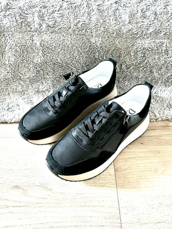 Damskie czarne sneakersy obuwie sportowe ze skóry naturalnej na wyższej platformie